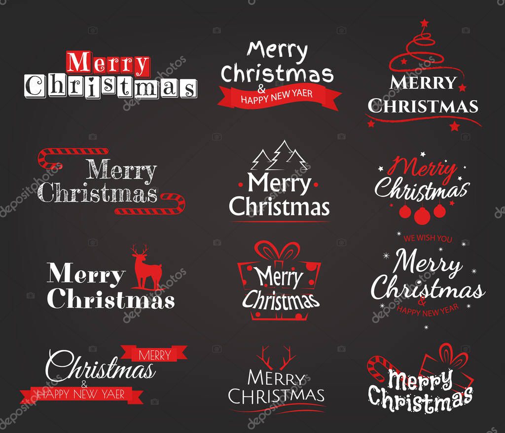 Merry Christmas logo design. Set of Christmas red typography collection. Happy New Year, typography, lettering, badges, emblems. Vector illustration