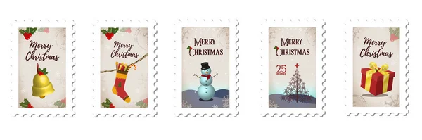 Funny christmas postage stamps with decor elements — Stock Vector