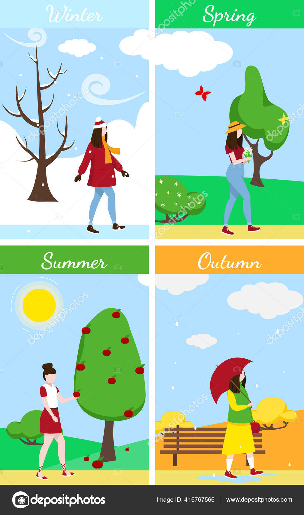 Cuatro estaciones: invierno, primavera, verano, otoño Vector de