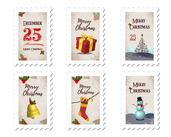Collection of postage stamps Merry Christmas — Stock Vector