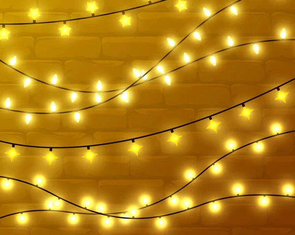 Χριστουγεννιάτικα φώτα και ξύλινος τοίχος — Διανυσματικό Αρχείο