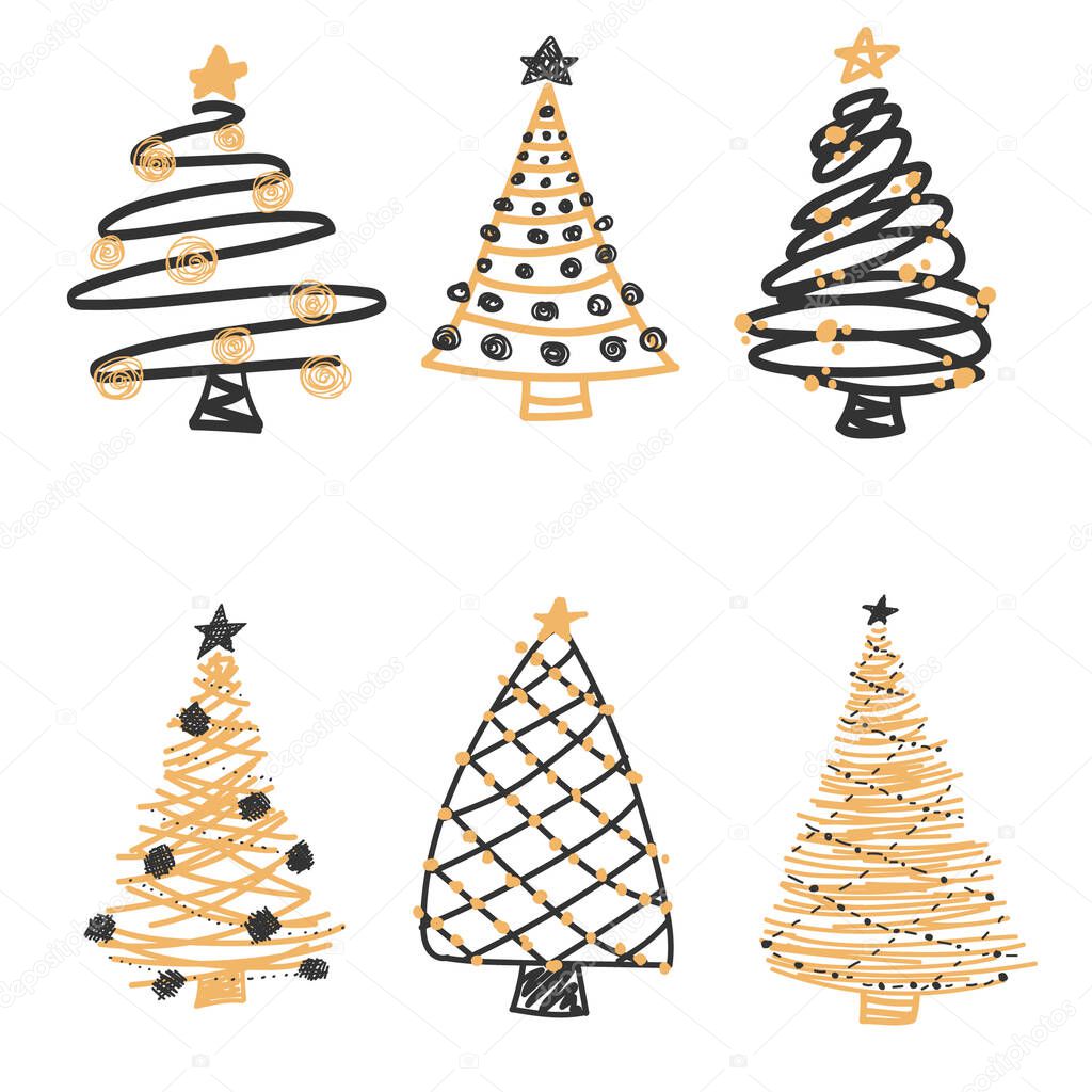 Hand drawn christmas tree collection. Icons Christmas tree and sketches.  Doodle ink pattern for new year 2021. Set of hand drawn doodle Christmas tree. Vector illustration