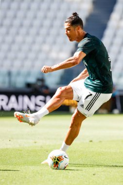 TURIN, İtalya - 04 Temmuz 2020 İtalyan Serie A Soccer Championship. Juventus Torino 'ya karşı 4-1, Cristiano Ronaldo, Juventus, ısınma turunda. 