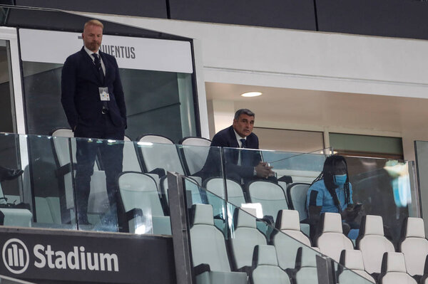 TURIN, ITALY - 20TH JULY, 2020: Italian Serie A Football Championship. Juventus VS Lazio 2-1, Igli Tare, Angelo Peruzzi and Jordan Lukaku, Lazio, on the tribune