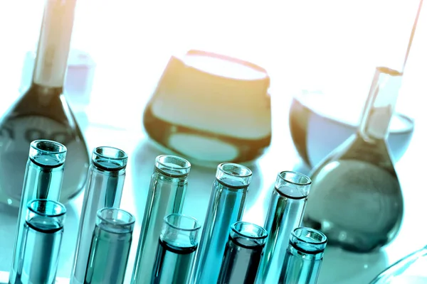 Vidraria Laboratório Com Produtos Químicos Reagentes Ciência Química — Fotografia de Stock