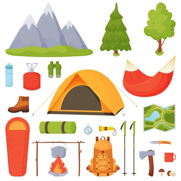 Camping, senderismo, camping vector conjunto . — Archivo Imágenes Vectoriales