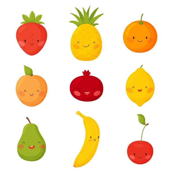 Lindas frutas de dibujos animados con caras divertidas sobre un fondo blanco . — Vector de stock