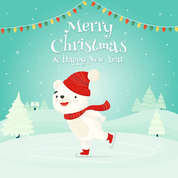 Счастливого Рождества и счастливого Нового года. Милый белый медведь катается на коньках на фоне зимнего пейзажа . — стоковый вектор