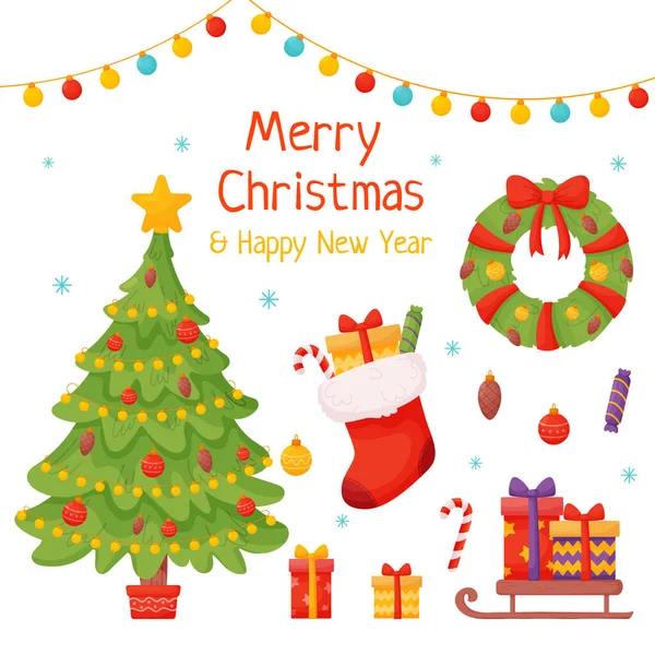 Bir dizi Noel elementi. Kar taneleri, ağaç, hediyeler, şekerler, yazıtlar, Noel çorabı ve beyaz arka plandaki diğer elementler.. — Stok Vektör