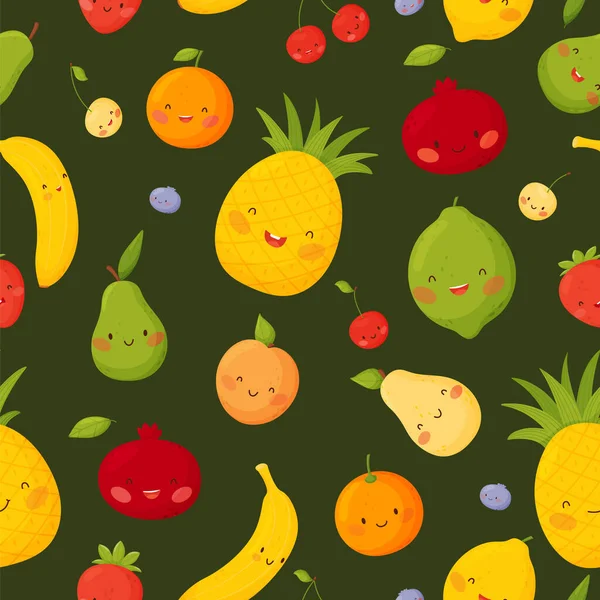 Niedliche Cartoon-Früchte mit lustigen Gesichtszügen auf dunkelgrünem Hintergrund auf weißem Hintergrund. Nahtloses Vektormuster. — Stockvektor
