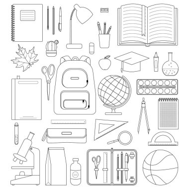 Okul objeleri. Beyaz arkaplanda siyah çizgi.