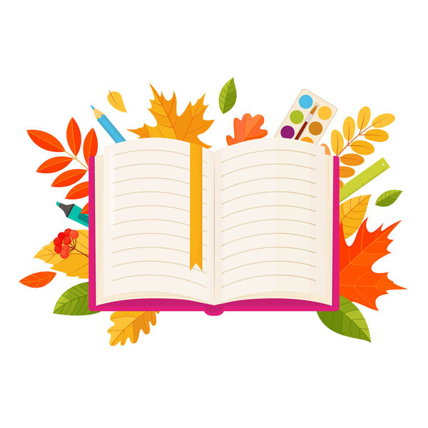 Open book and autumn leaves on a white background.