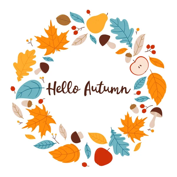 Hola, Autumn. Corona de otoño brillante con hojas, bayas, manzanas, peras y setas . — Vector de stock