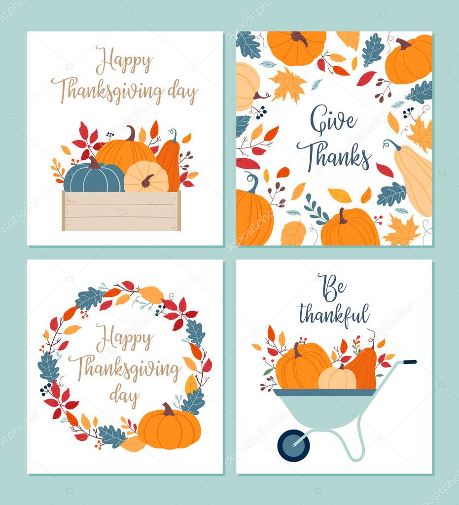 Thanksgiving Day. Set of greeting card, flyer, banner, poster templates. Hand-drawn symbols, pumpkins and autumn leaves.