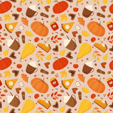 Balkabağı, balkabağı turtası, sonbahar yaprakları, böğürtlen, baharatlar, kakao, kahve ve reçel kavanozlarıyla kusursuz vektör deseni..