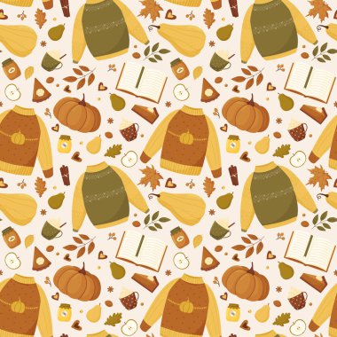 Sonbahar tatillerinde sıcak kazaklar, balkabakları, sıcak bir içecek, balkabağı turtası, sonbahar yaprakları, bir kitap ve açık bej arkaplan üzerine daha fazlası..