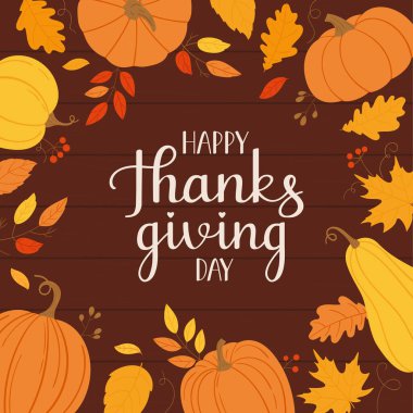 Şükran Günün kutlu olsun. Sonbahar yaprakları, balkabakları ve koyu ahşap arkaplanda harfleri olan bir şablon..
