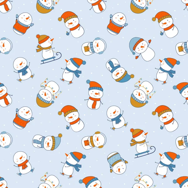Modèle sans couture d'hiver avec des bonhommes de neige drôles sur un fond bleu. — Image vectorielle