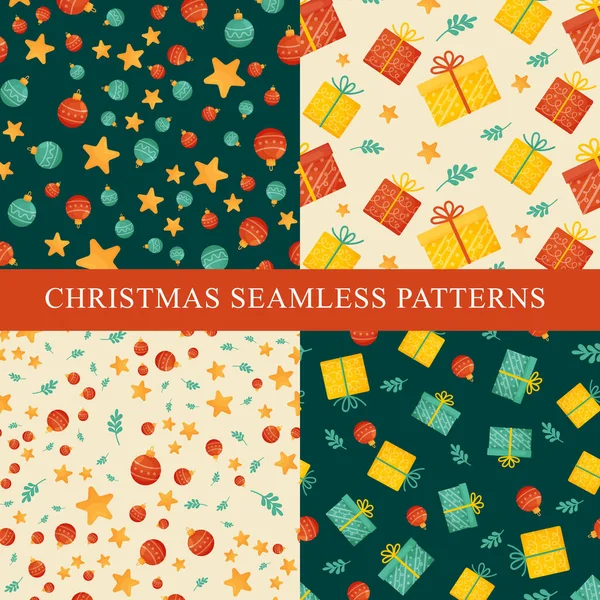 4 christmas seamless patterns in retro style. — Stock Vector