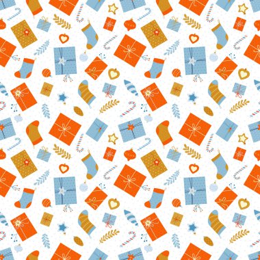 Beyaz bir arka planda Noel hediyeleri, şekerler ve Noel süsleriyle kusursuz bir desen..