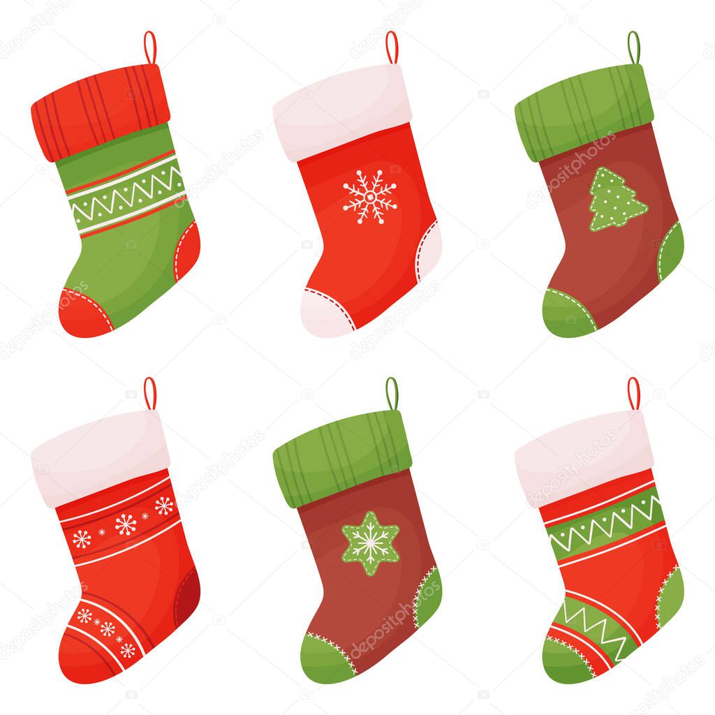 Christmas socks. Set of different Christmas socks in cartoon style. Isolated on a white background. Vector illustration.