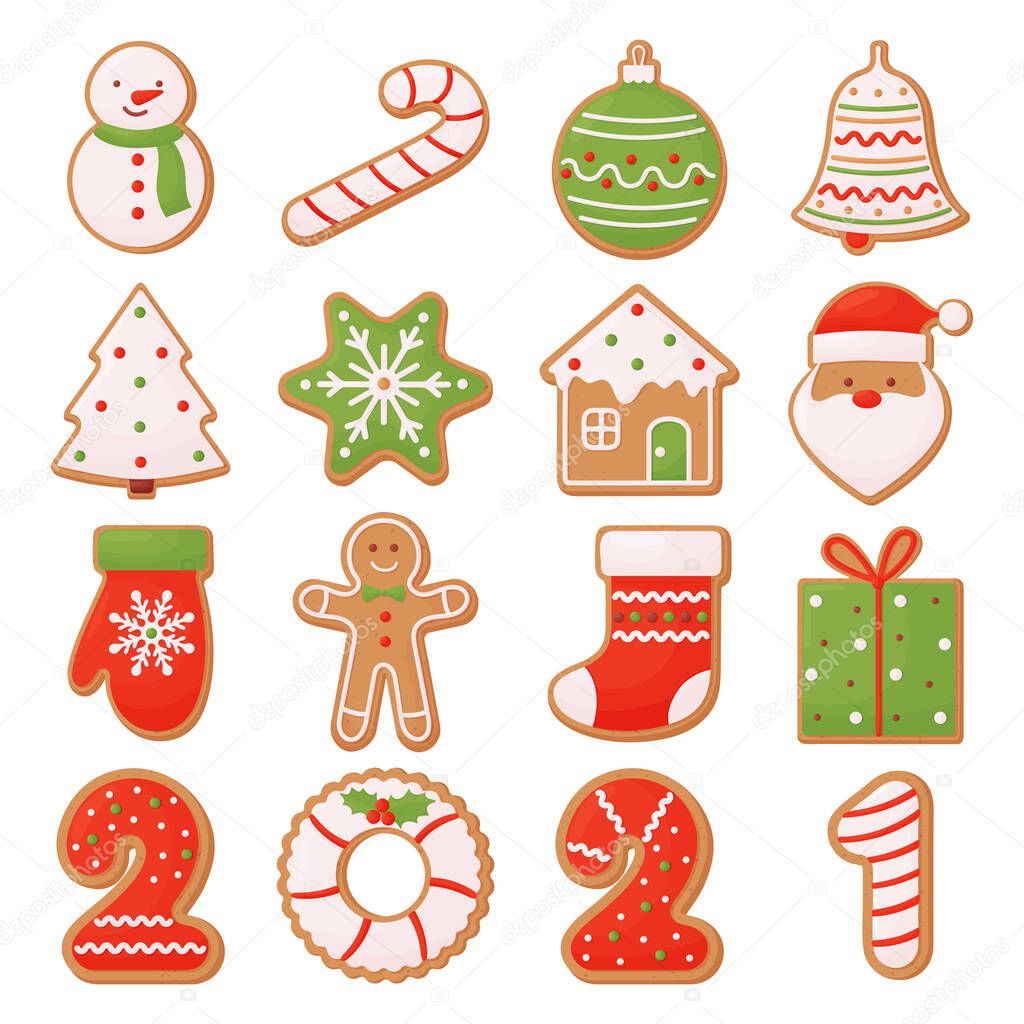 Christmas gingerbread cookies with colorful glaze, food for the winter holidays. Snowman, cane, santa, house, mitten, snowflake, sock, Christmas ball, gingerbread man, gift, bell and numbers 2021.