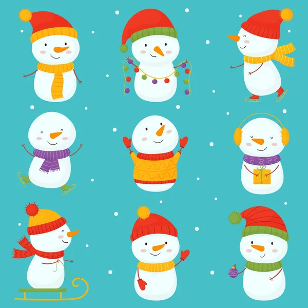 Set of cute Christmas snowmen flat vector illustrations. . Cheerful snowmen in different costumes on a blue background. — Stock Vector