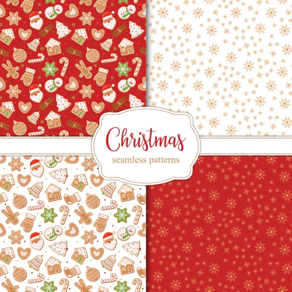Набор бесшовных рождественских узоров со снежинками и различными пряничными печеньками на красно-белом фоне. — стоковый вектор