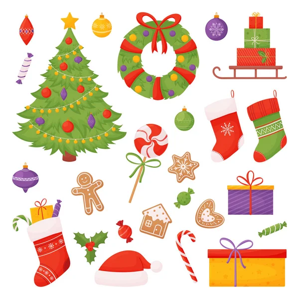 Conjunto de artículos de Navidad. Árbol de Navidad, calcetines, caramelos, regalos y más. — Vector de stock