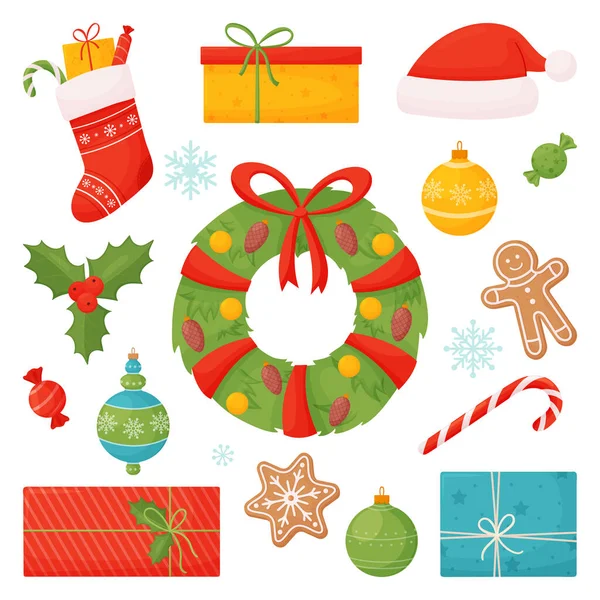 Vector conjunto de elementos navideños con bolas de Navidad, pan de jengibre, corona de Rozhdestvenskaya, regalos, calcetines de Navidad. — Vector de stock