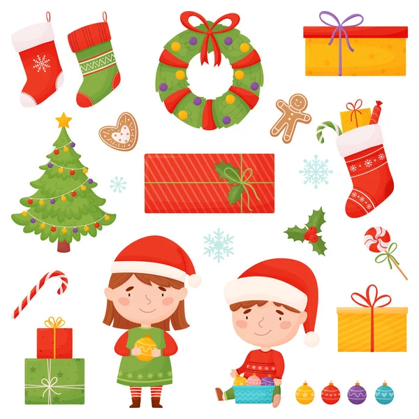 Conjunto de personajes y elementos navideños en estilo de dibujos animados. Árbol de Navidad, regalos, dulces, copos de nieve, niños, corona de Navidad, etc.. — Vector de stock