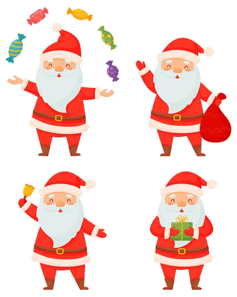 Різдвяний набір Санта-Клауса. Посмішка Санти з подарунком, з сумкою, що жонглює солодощами, з дзвінком.. — стоковий вектор