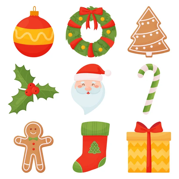 Set von Weihnachtssymbolen im Cartoon-Stil. Weihnachtssocke, Weihnachtsmann, Kranz, Weihnachtskugel, Zuckerrohr, Geschenk, Stechpalme und Lebkuchen. — Stockvektor