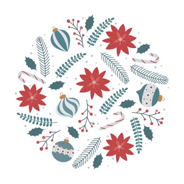 Kırmızı noktalı çiçekleri, mücevherleri, baston şekerleri, kutsal yaprakları, çam dalları ve böğürtlenleri olan zarif bir Noel çiçeği kompozisyonu. Bayram tebrik kartları, mevsimlik davetiyeler ve kış baskıları için mükemmel..