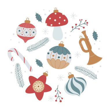 Klasik Noel süslemeleri, şeker kamışı, yıldız, mantar, trompet, çam dalları olan klasik bir Noel tasarımı. Tebrik kartları, şenlikli dekorasyon, kış çizimleri ve mevsimlik baskılar için mükemmel..