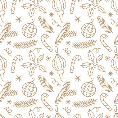 Kusursuz Noel desenleri, kutsal yapraklar, köknar dalları, baston şekerler ve yıldızlar. Beyaz arka planda minimalist altın çizgili taslak. Tatil kağıtları, tekstil, duvar kâğıtları, tebrik kartları ve şenlikli dekorasyon için mükemmel..