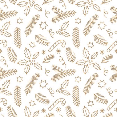 Kusursuz Noel vektör deseni, kutsal yapraklar, böğürtlenler, şeker kamışları ve köknar dalları beyaz arka planda altın anahat tarzında. Ambalaj kağıdı, tekstil, ambalaj ve tatil kırtasiyesi için ideal.