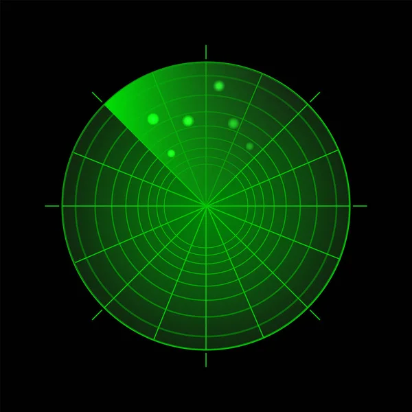 Schermo Radar Con Bersagli Sistema Sonar Verde Sfondo Nero Rilevamento — Vettoriale Stock