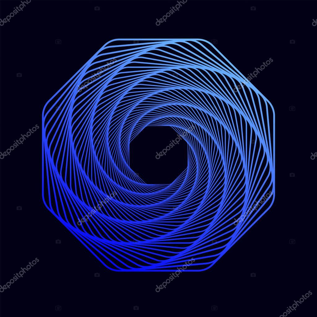 Twisted colored spiral. Wireframe octagon shape. Technology lines graphic element.