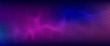 Renkli müzik ses dalgası. Parçacıkların soyut geleceksel arkaplanı. Teknoloji dinamik noktaları arka planda. Büyük veri görselleştirmesi.