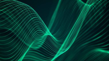 Parçacıkların dijital yeşil arkaplanı. Soyut fütürist illüstrasyon. Büyük veri görselleştirmesi. Teknoloji dinamik noktaları arka planda. 3B görüntüleme.
