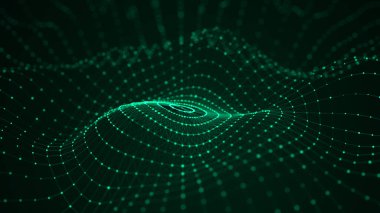 Soyut fütüristik geçmiş. Büyük veri görselleştirmesi. Parçacıkların dinamik dalgası. 3B görüntüleme.