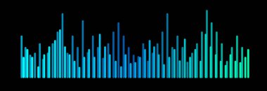 Renkli müzik ses dalgası. Dinamik çizgilerle dengeleyici. Mavi teknoloji ses dalgası. Siyah arkaplanda vektör illüstrasyonu.