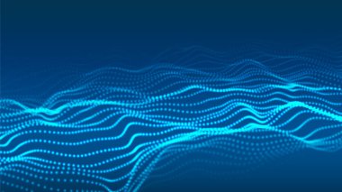 Renkli müzik ses dalgası. Parçacıkların soyut geleceksel arkaplanı. Teknoloji dinamik noktaları arka planda. Büyük veri görselleştirmesi.