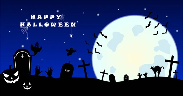 Buon Halloween Banner Con Zucche Spettrali Sul Cimitero Spaventoso Sfondo — Vettoriale Stock