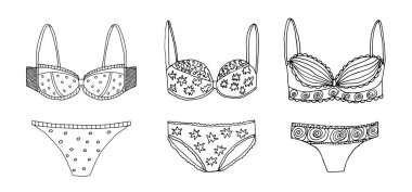 Bir çift kadın mayosu. Tasarım için vektör elementleri. Çizim çizimi çizimi.