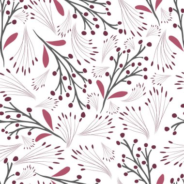 Gri dallar, pembe böğürtlenler ve beyaz arka planda basit bitkiler. Çiçeksiz desen. Vektör.