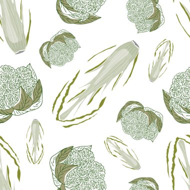 Beyaz arka planda karnabahar ve Pekin lahanası. Sebzeler. Vektör kusursuz desen. Sağlıklı yemek..