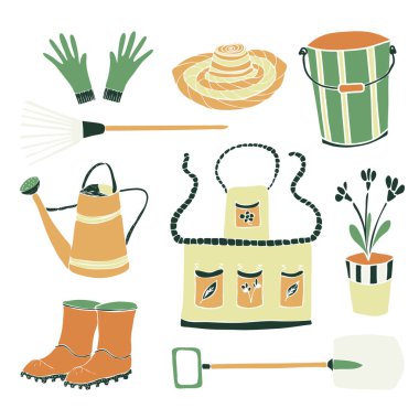 Bahçe aletleri seti. Tasarım için izole edilmiş elementler. Beyaz arka planda karalamalar - kürek, sulama kutusu, önlük, tırmık, eldiven, kova, bot ve saksı.