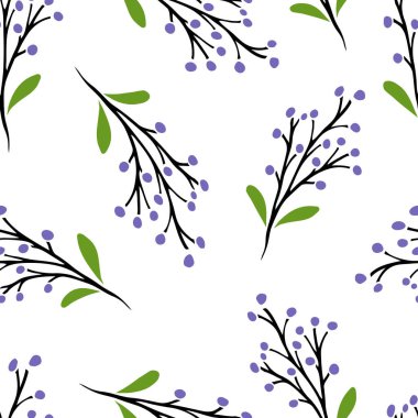 Beyaz arka planda yeşil yapraklı ve mor dutlu basit dallar. Vektör kusursuz desen. Kumaş, kart, baskı, ambalaj için tasarım. 